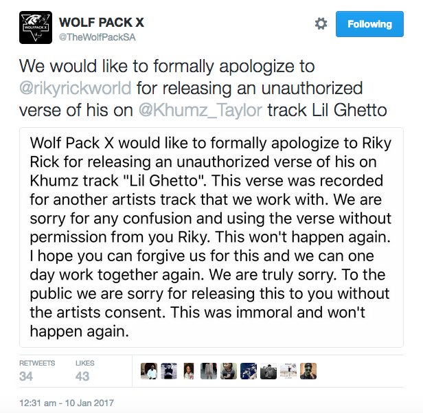 WOLF PACK Publicly Apologizes To Riky Rick For Using His Verse Without Consent